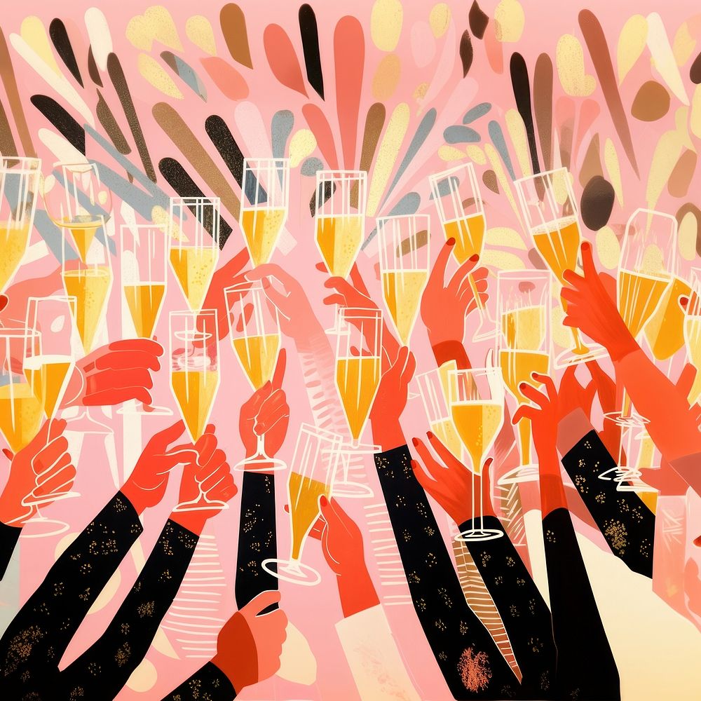 Gold pink silver hands holding many champagne glasses celebration backgrounds refreshment. AI generated Image by rawpixel.