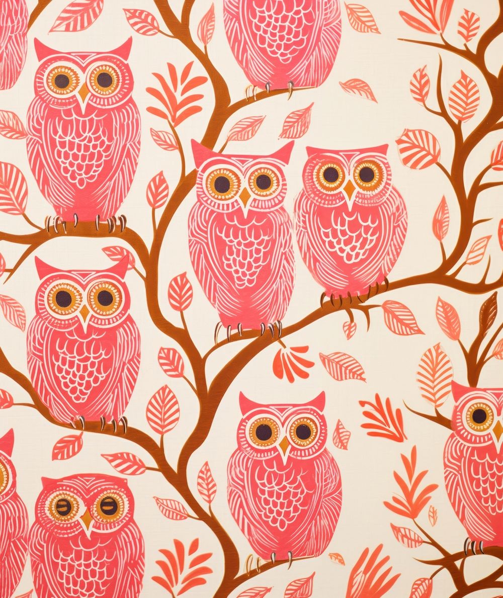Gold pink silver owls pattern drawing nature bird. AI generated Image by rawpixel.
