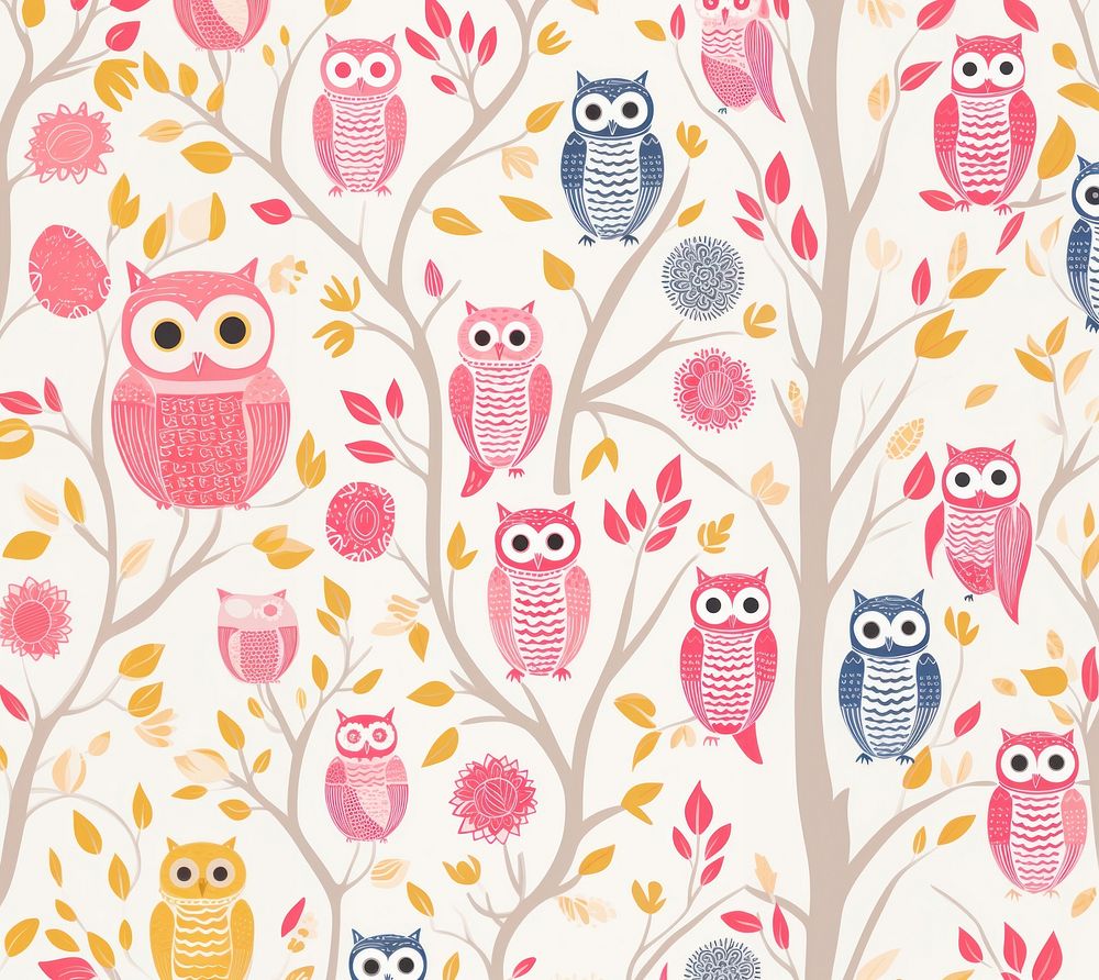 Gold pink silver owls pattern nature line bird. AI generated Image by rawpixel.