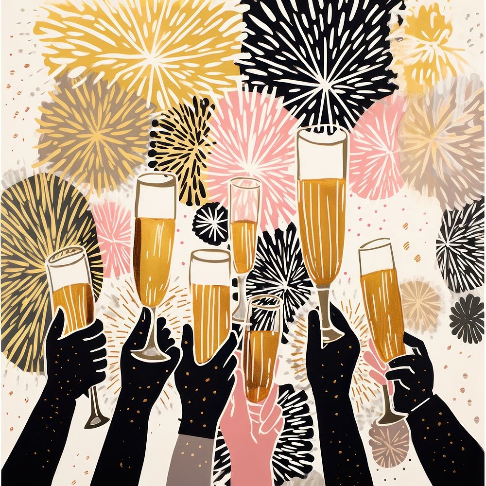 Gold pink silver many hands holding champagne glasses fireworks pattern celebration refreshment enjoyment. AI generated…