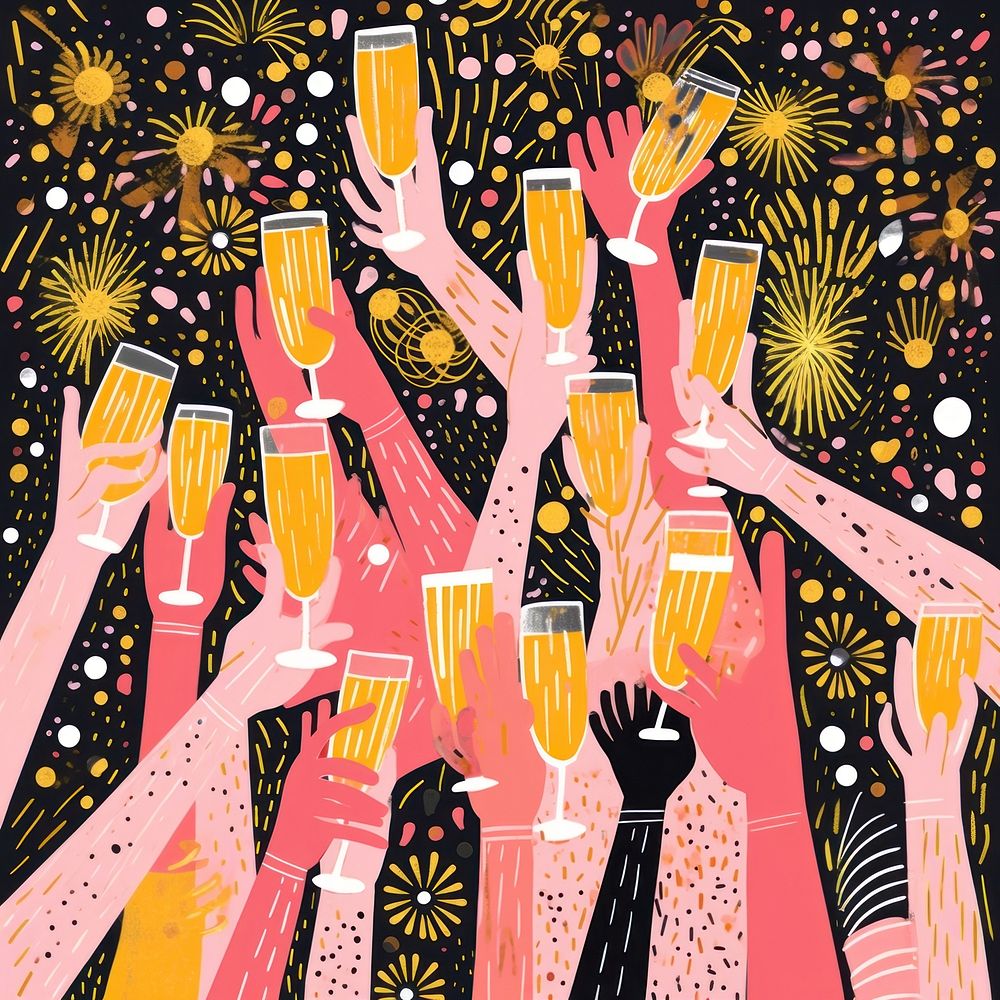 Gold pink silver many hands holding champagne glasses fireworks pattern happiness drawing togetherness. AI generated Image…
