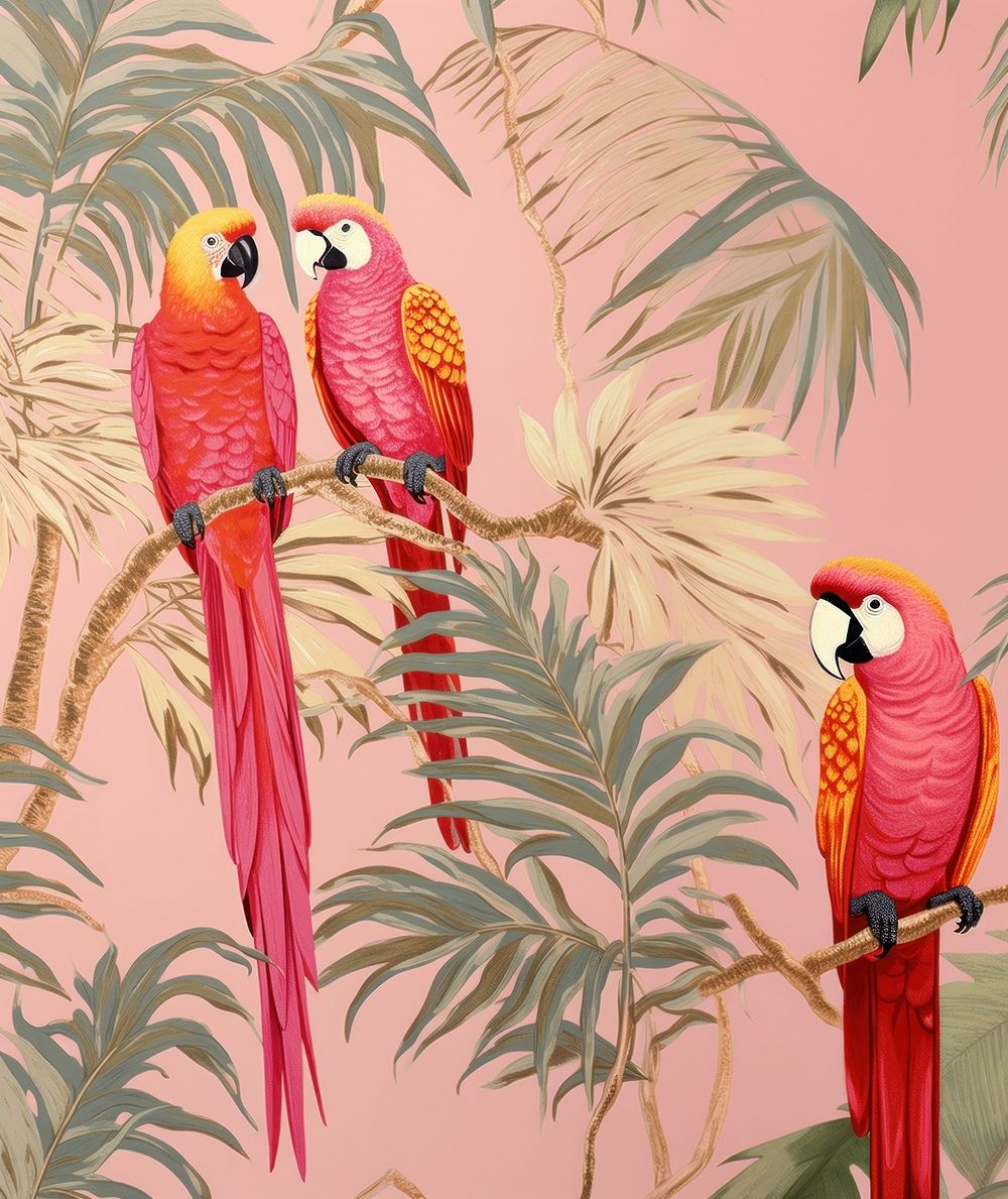 Gold pink silver tropical parrots jungle animal nature plant. AI generated Image by rawpixel.