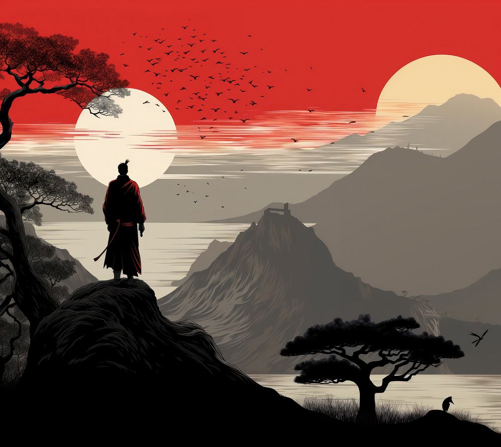 Japanese samurai nature silhouette landscape. AI generated Image by rawpixel.