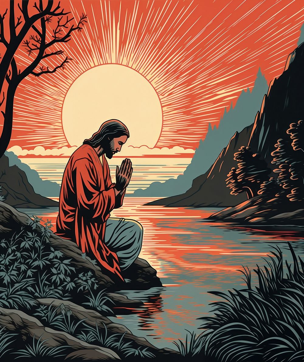 Jesus praying outdoors drawing nature. 