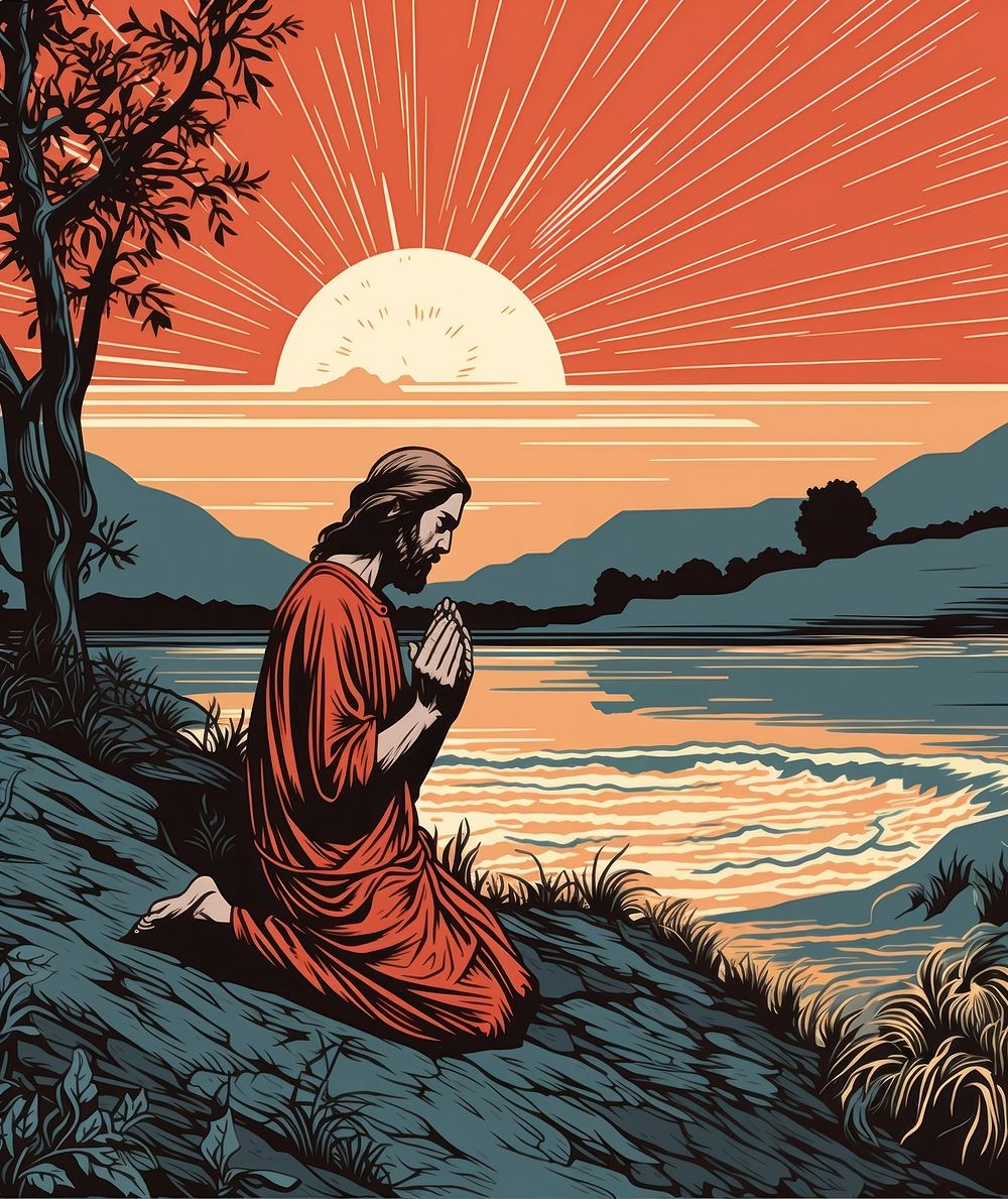Jesus praying outdoors drawing nature. AI generated Image by rawpixel.