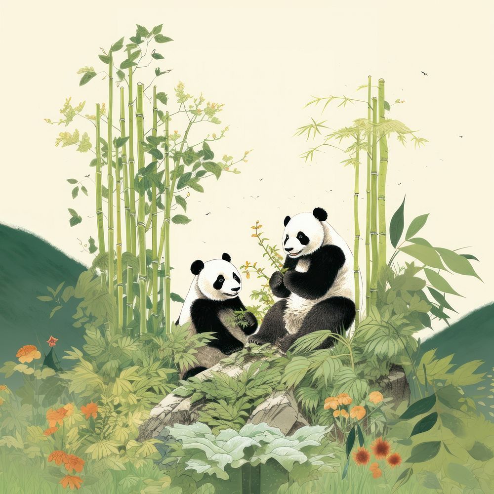 Pandas eatng bamboo picnic drawing mammal nature. AI generated Image by rawpixel.