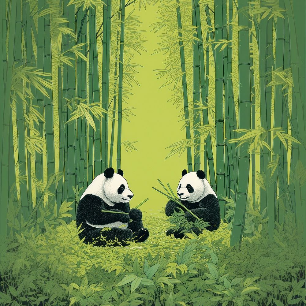 Pandas eatng bamboo picnic nature outdoors plant. AI generated Image by rawpixel.