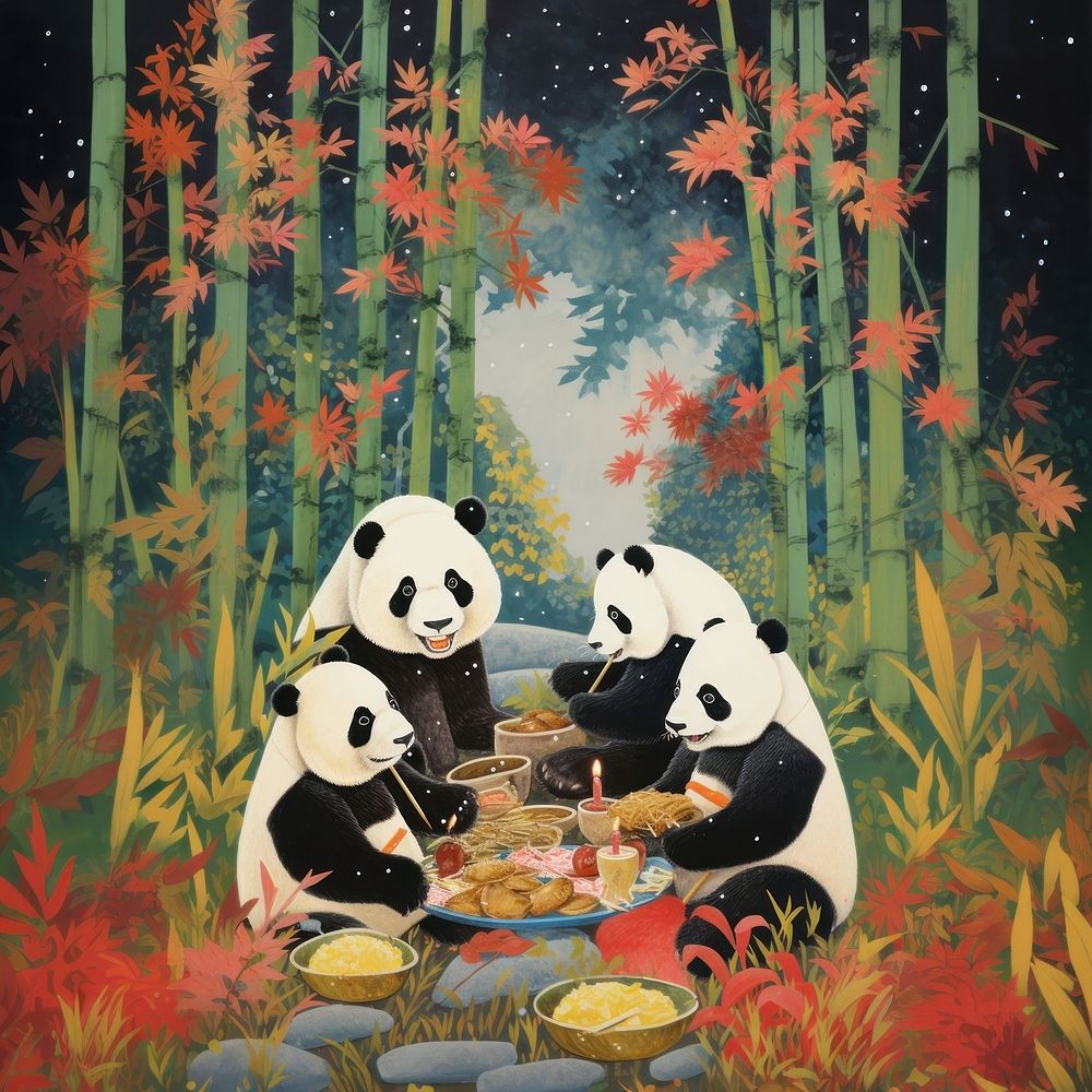 Pandas eatng bamboo picnic nature bear representation. AI generated Image by rawpixel.