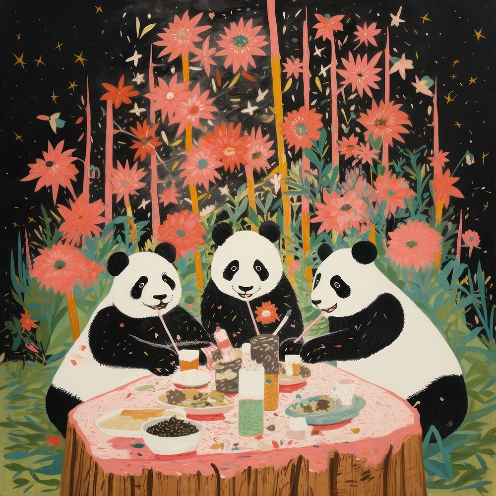 Pandas having a party painting nature table. AI generated Image by rawpixel.