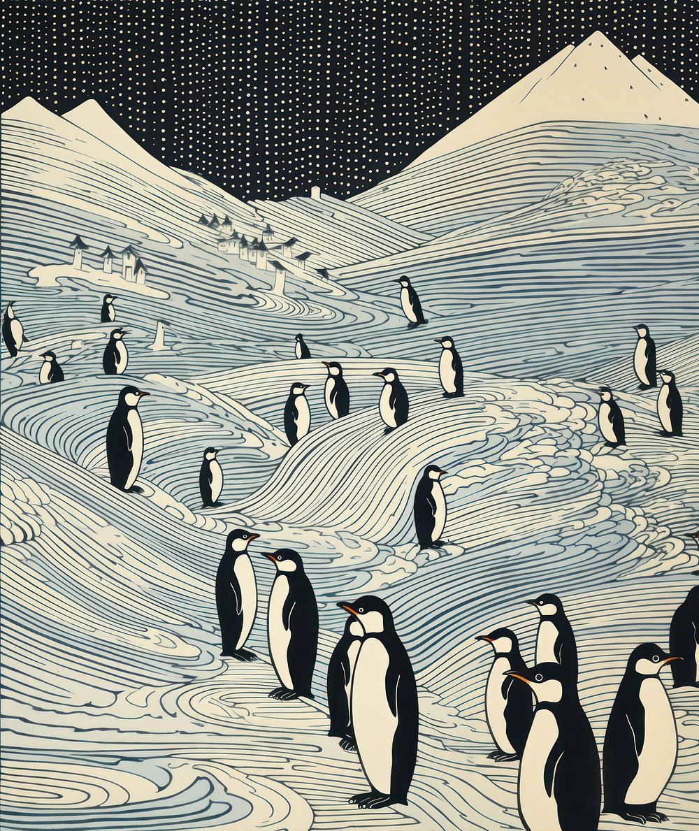 Penguins skiing drawing animal nature. AI generated Image by rawpixel.