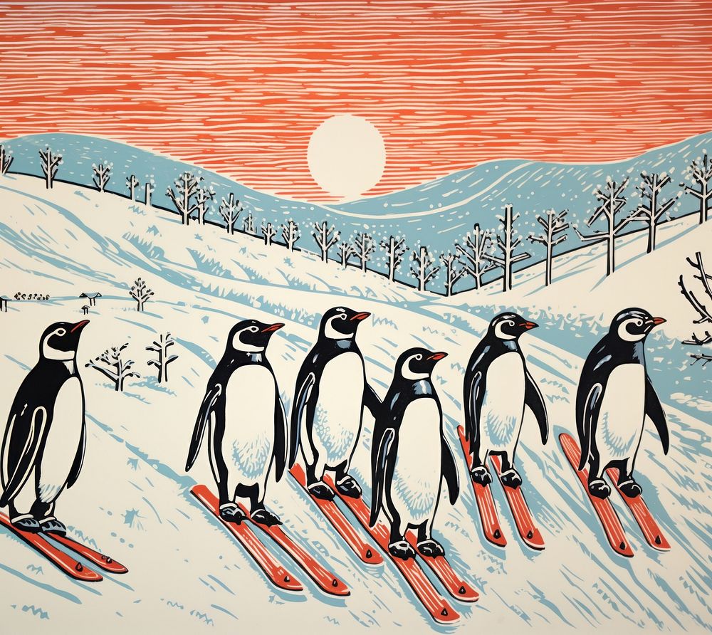 Penguins skiing nature outdoors drawing. 