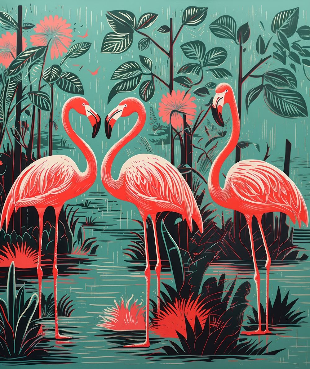 Tropical flamingoes drawing nature bird. AI generated Image by rawpixel.
