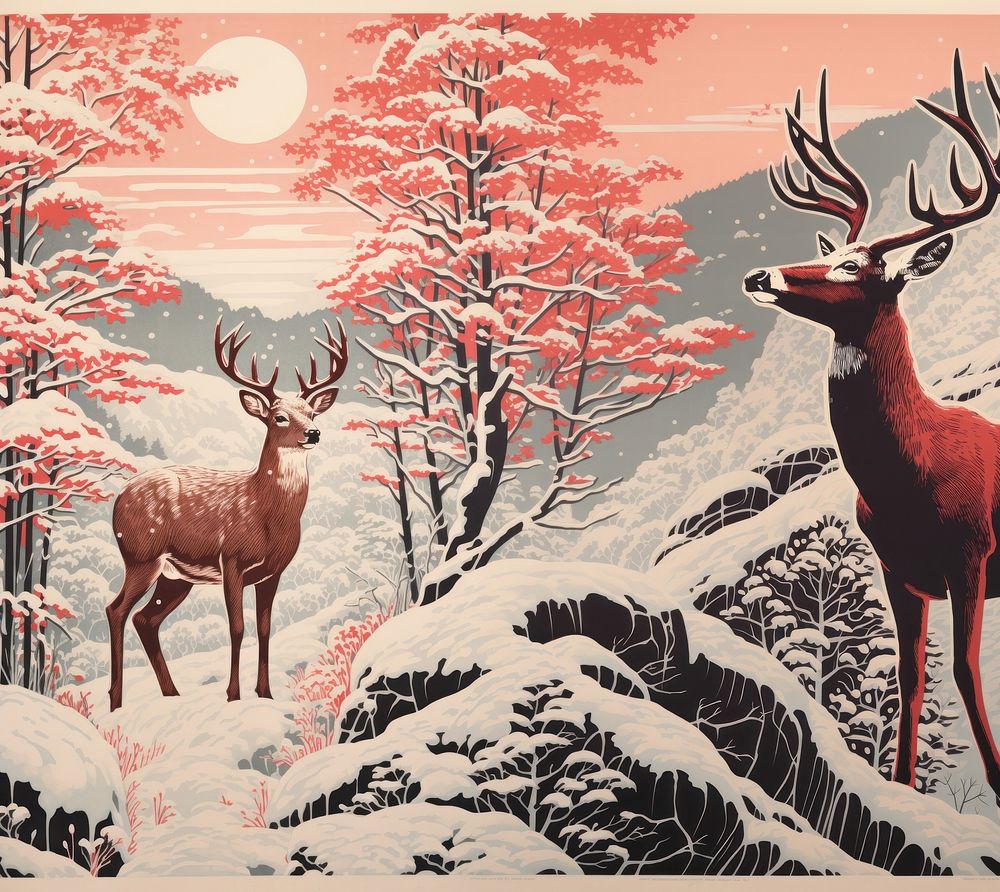 Winter deer drawing nature animal. AI generated Image by rawpixel.