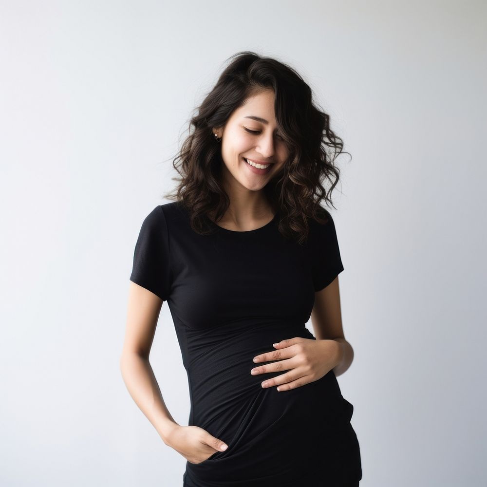 Happy Woman Touching Her Belly portrait t-shirt sleeve. AI generated Image by rawpixel.