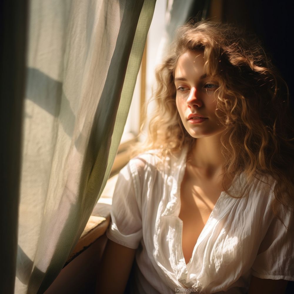 Young artistic woman portrait sunlight curtain. AI generated Image by rawpixel.