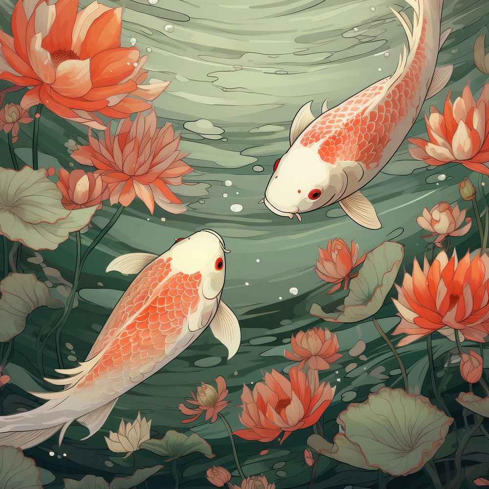 Koi in pond animal fish art. AI generated Image by rawpixel.