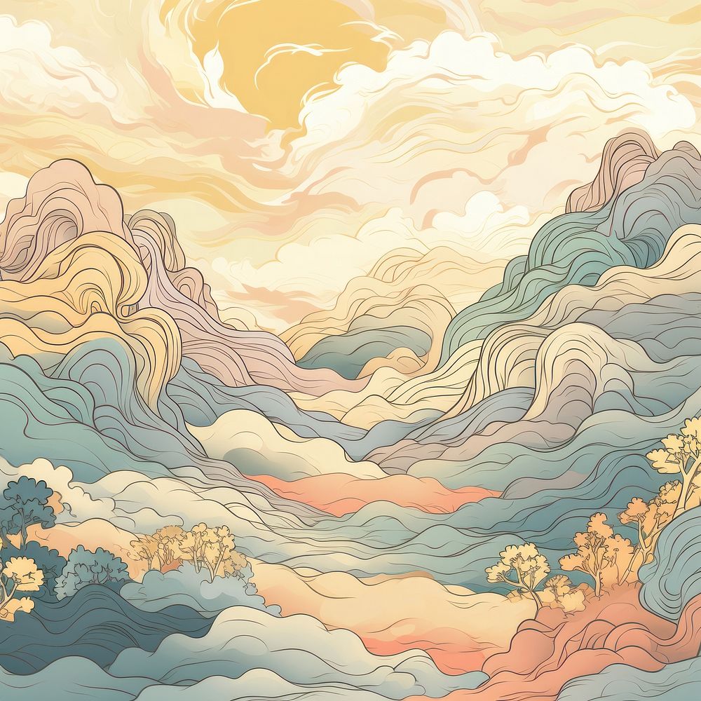 Mountainous landscape pattern art tranquility. AI generated Image by rawpixel.