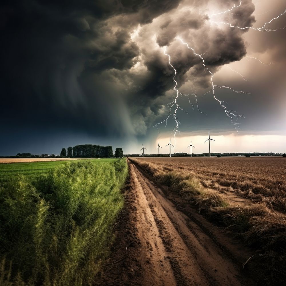 Storm thunderstorm lightning windmill. AI generated Image by rawpixel.