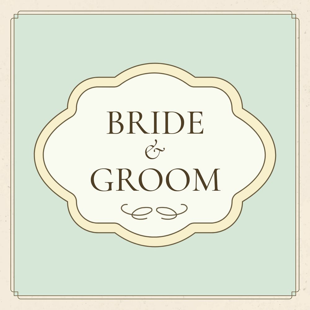 Bride and groom  vintage wedding badge template in pastel green 