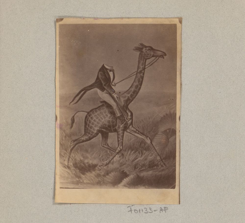 Fotoreproductie van een prent met een man zonder hoofd een giraffe berijdend (1887 - 1888) by Marinus Pieter Filbri and…