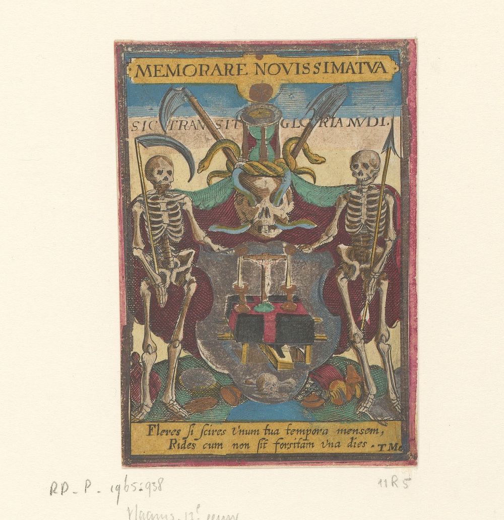 Twee geraamtes aan weerszijden van schedel, zandloper en crucifix (c. 1650 - c. 1700) by anonymous and Christoffel van…