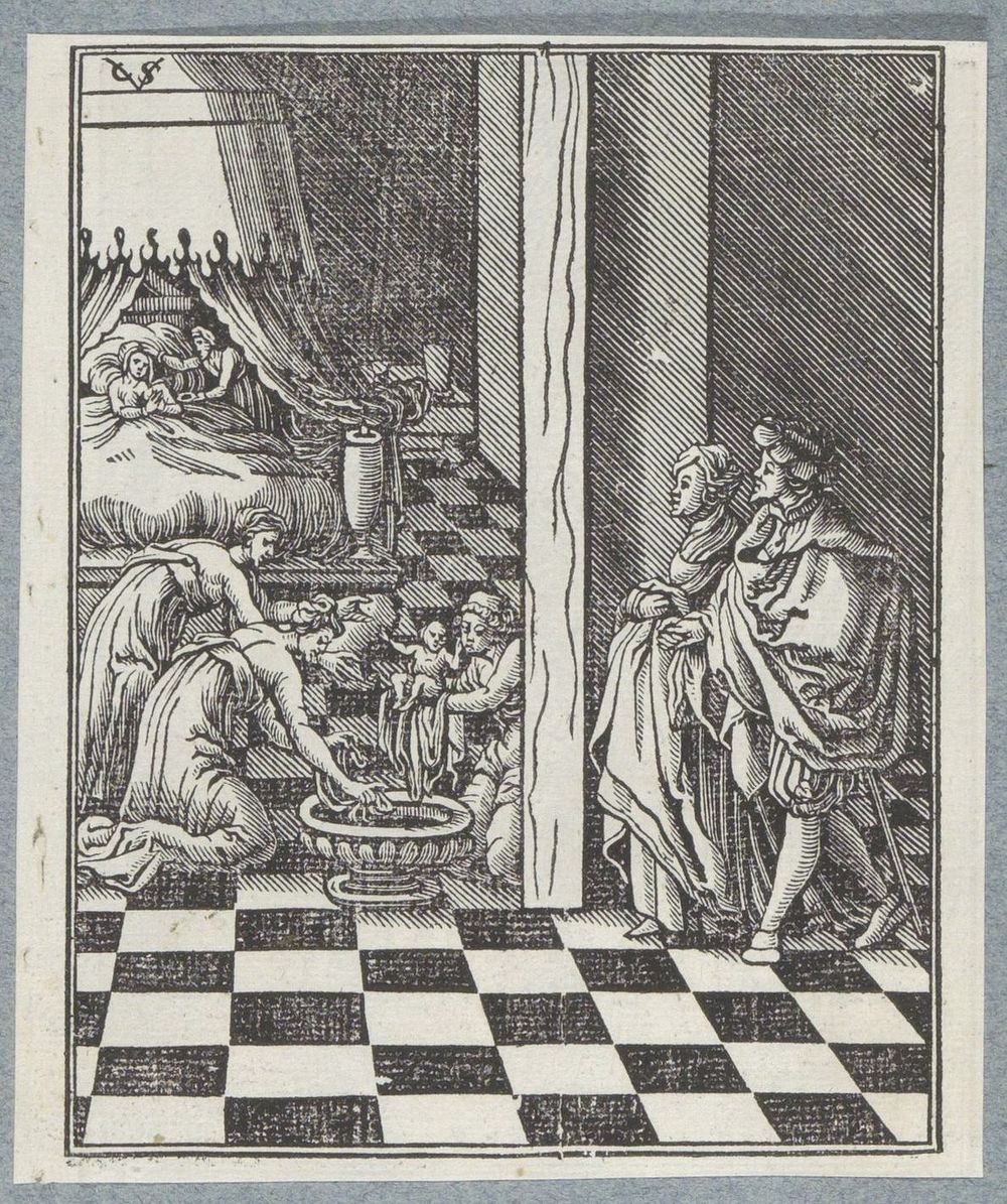 Geboorte en wassing van een pasgeboren kind (1645 - 1646) by Christoffel van Sichem II, Christoffel van Sichem III and…