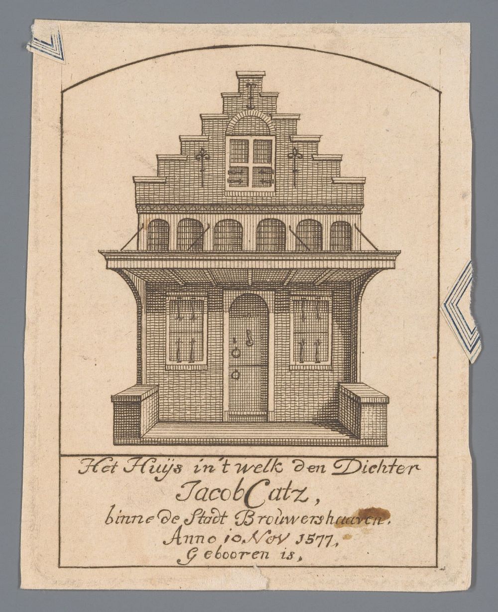 Gevel van het geboortehuis van Jacob Cats in Brouwershaven (1675 - 1750) by anonymous