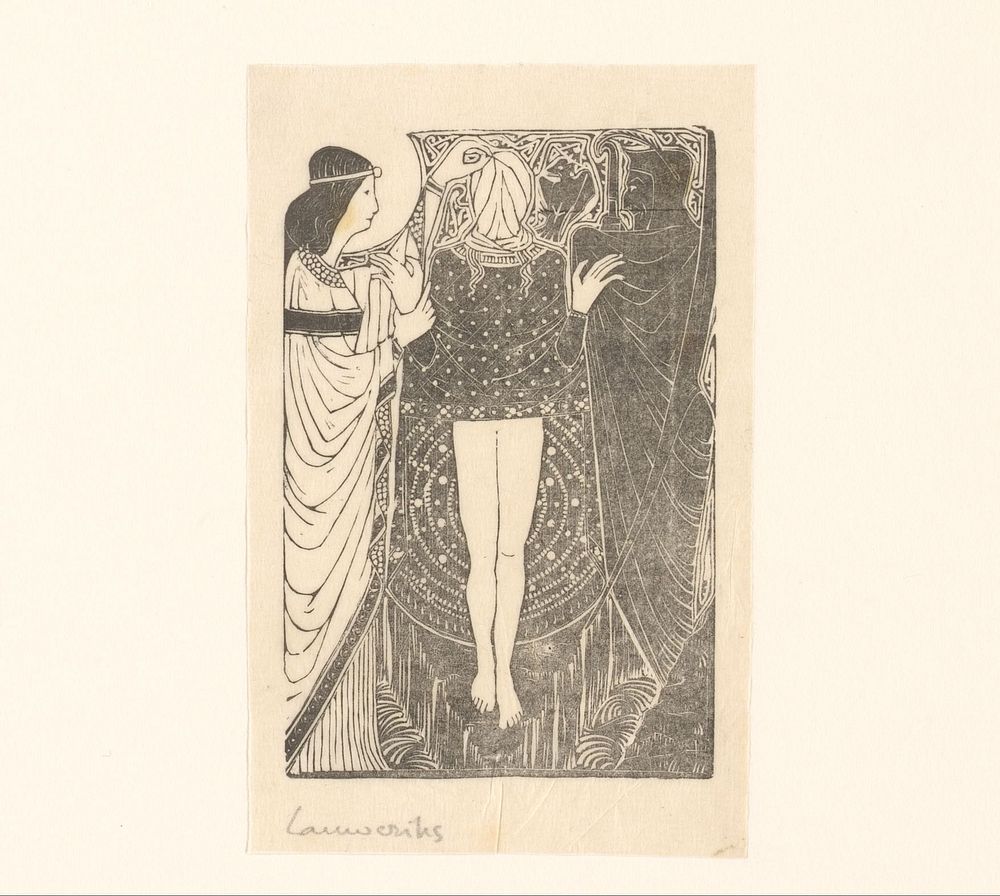 Geblinddoekte vrouw tussen twee figuren (1895) by Mathieu Lauweriks