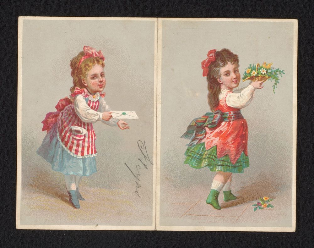 Menukaart met twee meisjes (c. 1850 - c. 1900) by anonymous