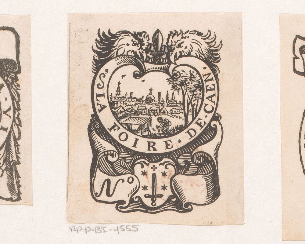 Vignet met een kermis in de stad Caen en het wapen van de stad Haarlem (1600 - 1699) by anonymous and Dirck de Bray