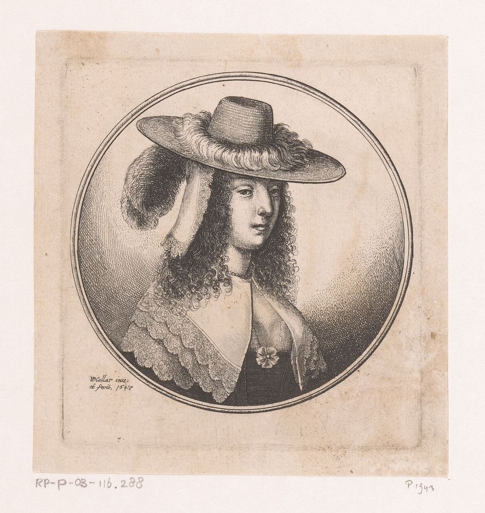 Vrouw met kanten kraag en gepluimde hoed (1647) by Wenceslaus Hollar