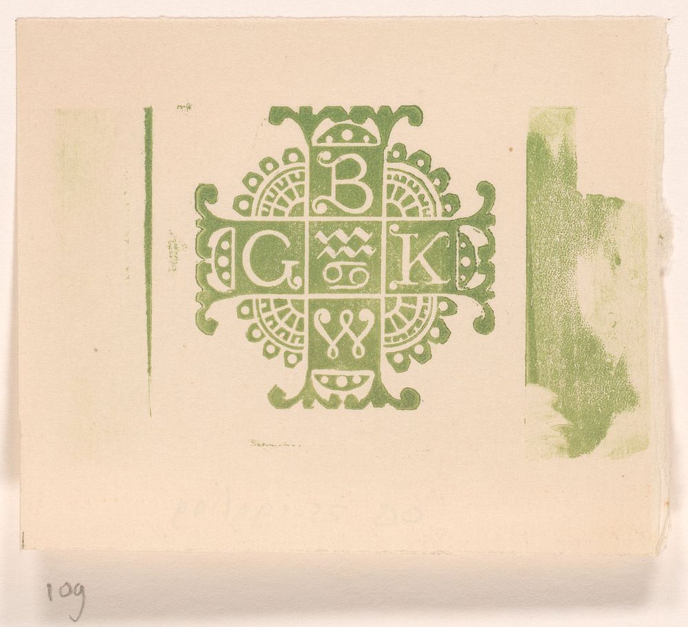 Vignet met letters B, K, W en G (c. 1871 - 1939) by Bernard Willem Wierink
