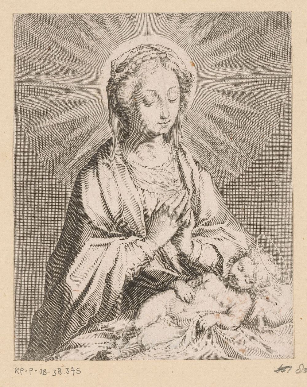 Maria aanbidt het Christuskind (c. 1576 - 1624) by Francesco Villamena and Francesco Vanni