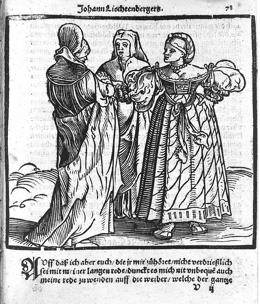 Three pregnant women, from Lichtenberger, Practica, circa 1549