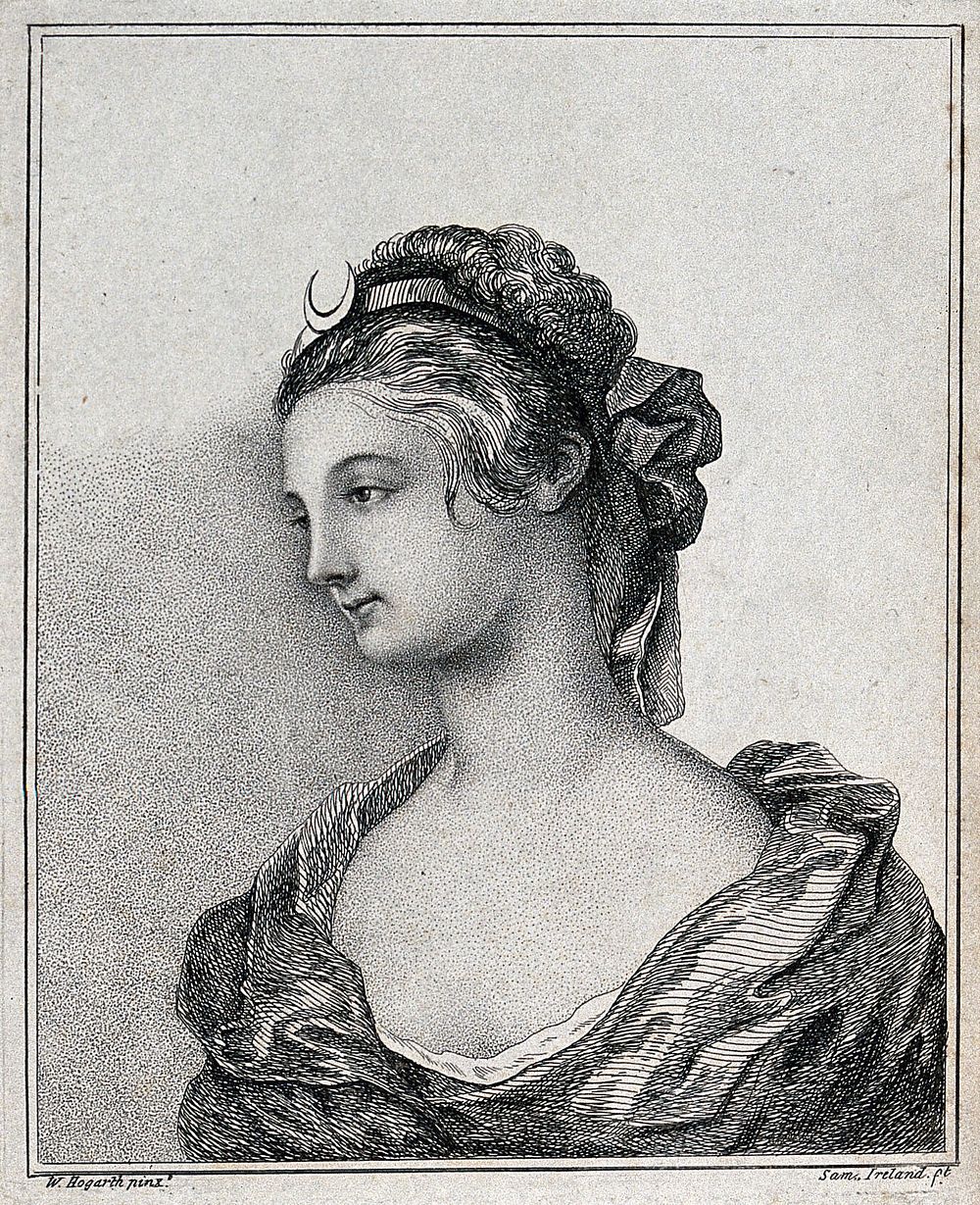 A young woman with a moon-shaped head-band (Diana). Etching by S. Ireland after W. Hogarth.