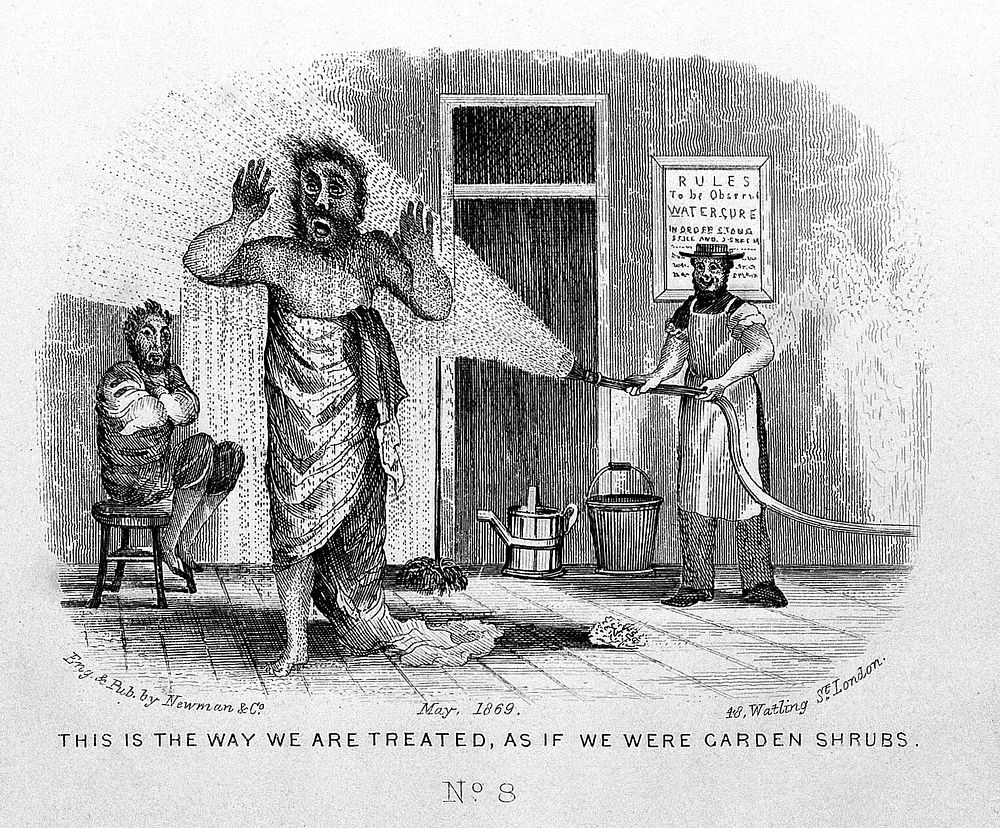 A man visiting a health resort is being sprayed with water; man seated on a stool in the background. Etching, May 1869.