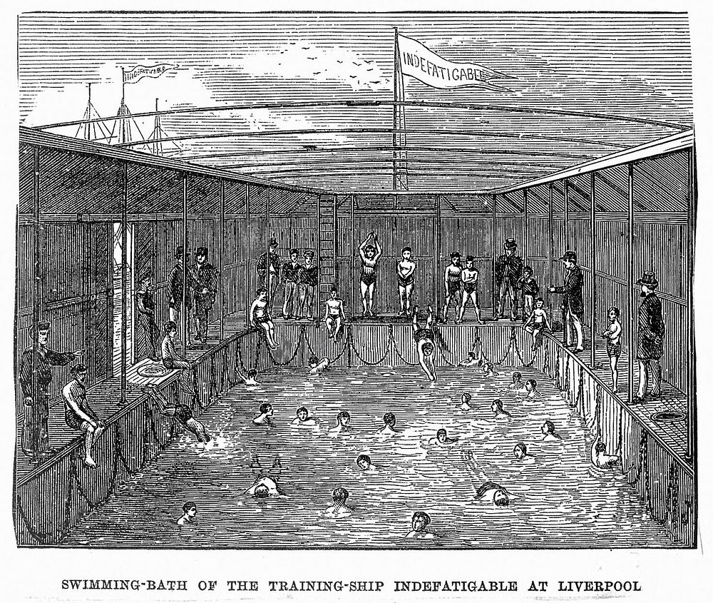 Swimming bath on the training ship "Indefatigable" at Liverpool. Wood engraving.