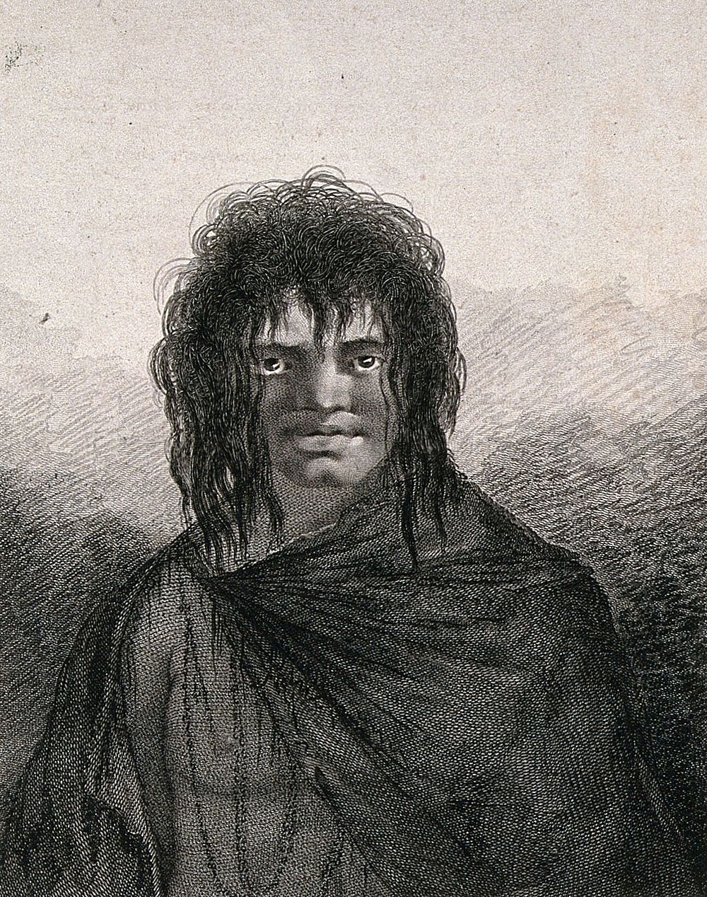 A man from Tierra del Fuego encountered by Captain Cook on his second voyage. Engraving by J. Basire, 1777, after W. Hodges.