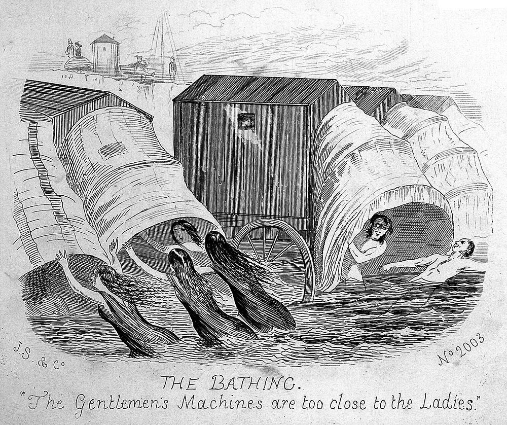 Four women and two men swimming near bathing machines. Wood engraving.