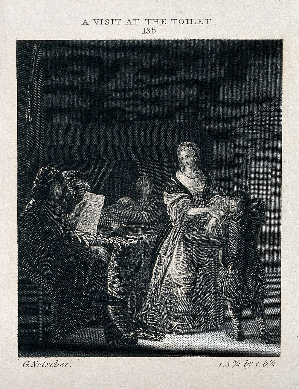 A woman washing her hands in a bowl held by a boy servant; to the left a seated man reads a letter. Engraving after C.…