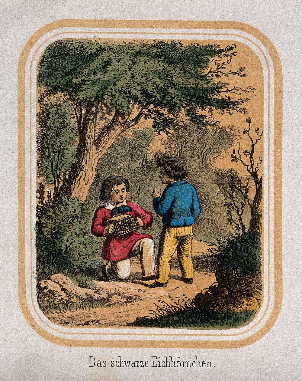 Two young children are on a footpath, one is carrying a cage with an animal in it. Coloured lithograph.