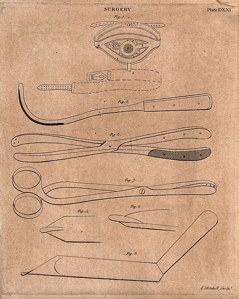 Surgical instruments for the treatment of hernias. Engraving by E. Mitchell.