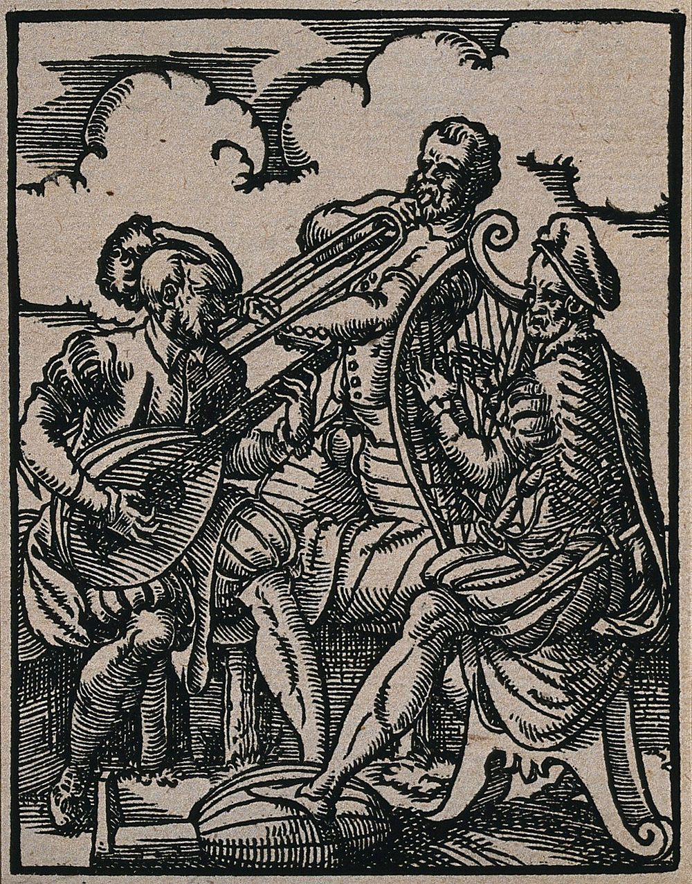 Three men playing wind and string instruments. Woodcut by Jost Amman, 1568.