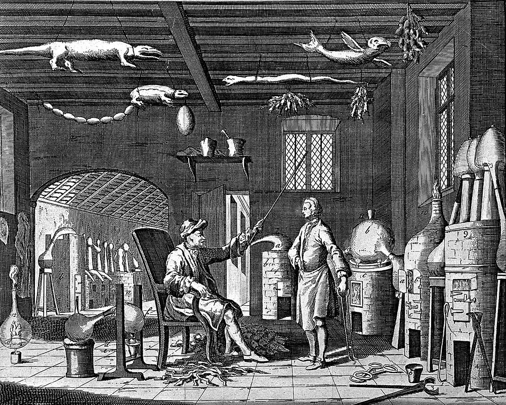 A chemist's laboratory, with the apparatus numbered for a key. Engraving, 1748.