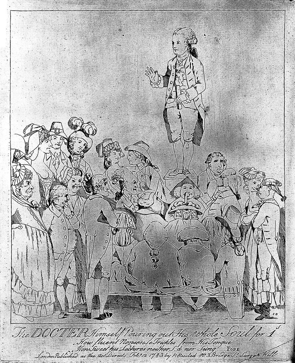 James Graham lecturing from a podium, to a crowd of ladies and gentlemen. Etching by J. Boyne, 1783.