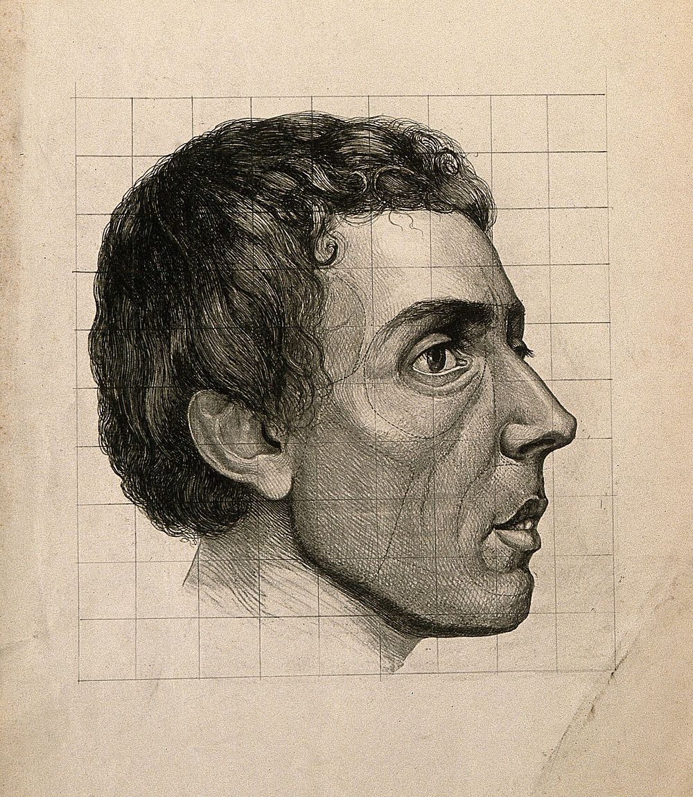 Head of a man seen in profile. Etching  with pencil amendments by A. von Perger, ca. 1850.