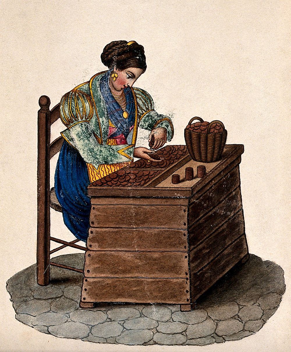 A woman sits at a wooden box counting money out of a basket onto a tray. Watercolour.