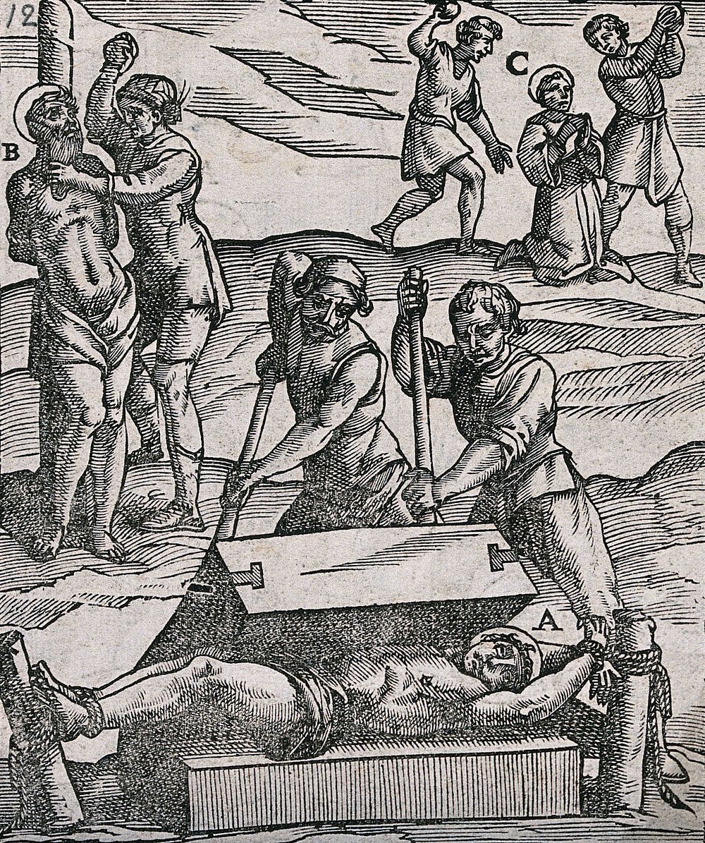 Various methods of torture: one victim lies in the "iron coffin of Lissa" while others are tied to the pillory or are being…