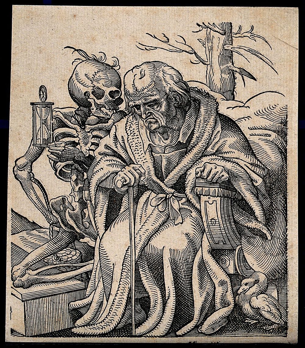 An elderly man taunted by a skeleton, as he sits and ponders in a vanitas conceit. Woodcut by Tobias Stimmer, 1580.