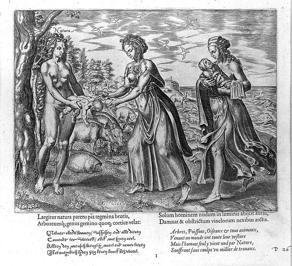 A woman representing Nature gives a baby to a mother; representing man's vulnerable and naked birth. Engraving by P. Galle…